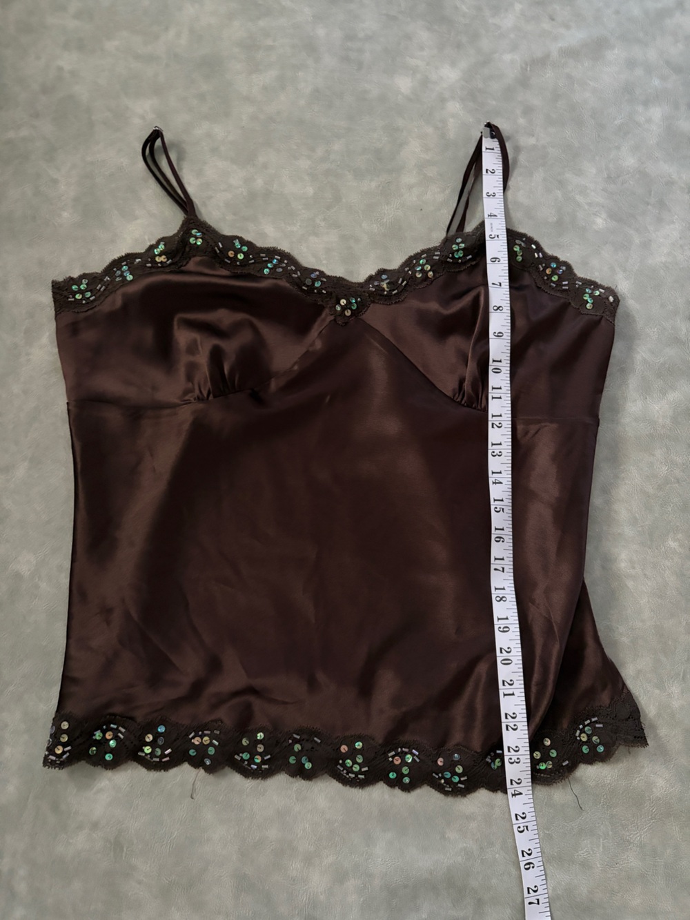 Y2K Chocolate Brown Satin Lace Sequin Beaded Girly Camisole - Picture 10 of 12
